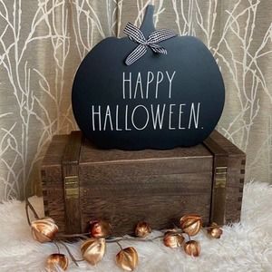 RAE DUNN FARMHOUSE HOME DECOR HALLOWEEN PUMPKIN TABLE TOP WOOD WITCH BOO NEW HTF